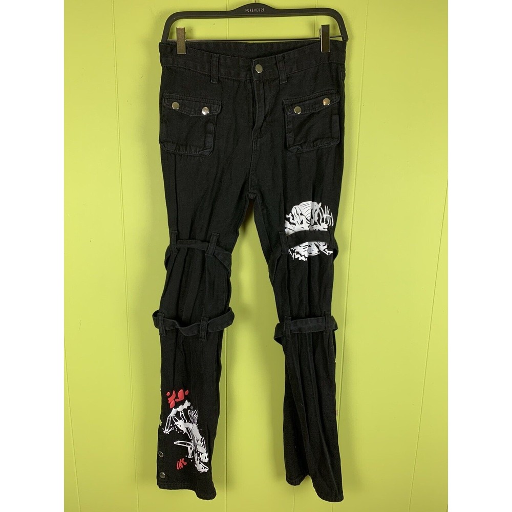SLP Jeans Women M 30x29 Black Denim Pants Straight Leg Metal Buckle Snaps